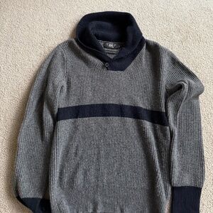 Ralph Lauren Double RL Men's Gray Navy Wool Shawl Collar Pullover Sweater Size S